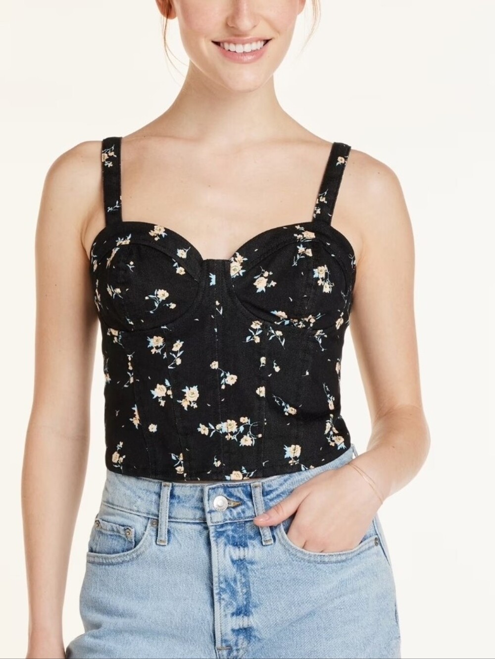 No Boundaries Black Floral Denim Corset Top Sz S